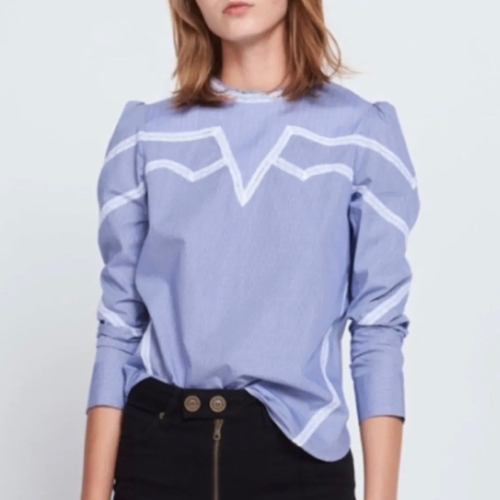 Sandro Suzan Lace Inset Cotton Top In Blue size 1 US size S
